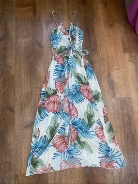 See You Monday White Maxi Dress with Blue, Green & Pink Leaf Print